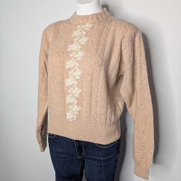 Vintage Liz Claiborne Peach White Floral Knit Wool Blend Sweater M - Picture 2 of 8